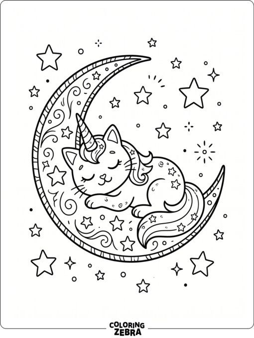 A unicorn cat resting on a crescent moon