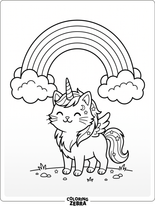 A unicorn cat standing under a rainbow