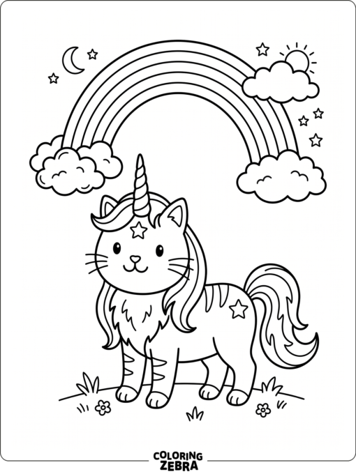 A unicorn cat standing beneath a rainbow