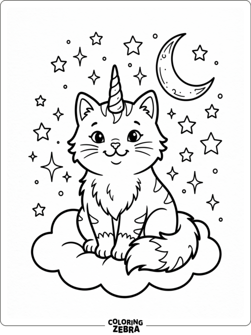 A unicorn cat sitting among stars