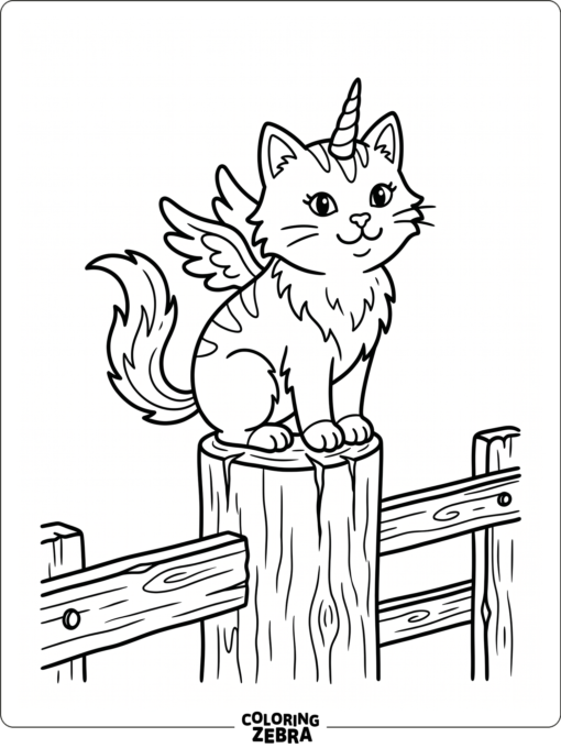 A unicorn cat with wings perched on a fence post