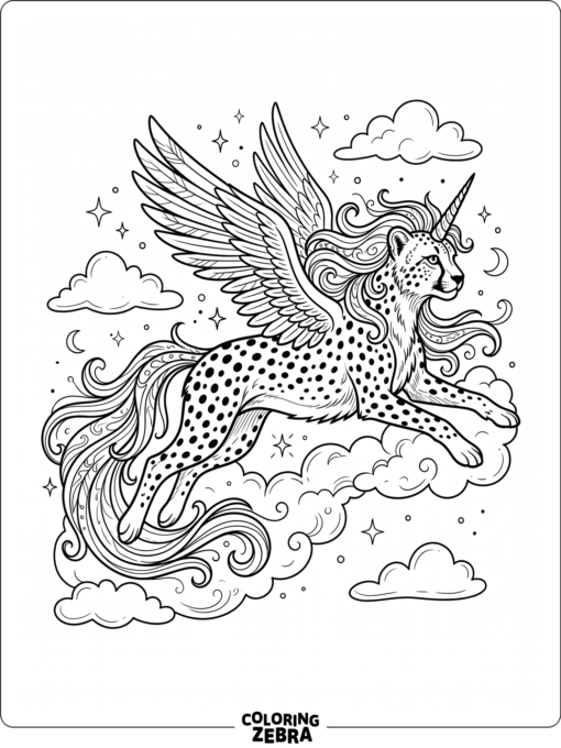 A cheetah with a unicorn horn and flowing mane