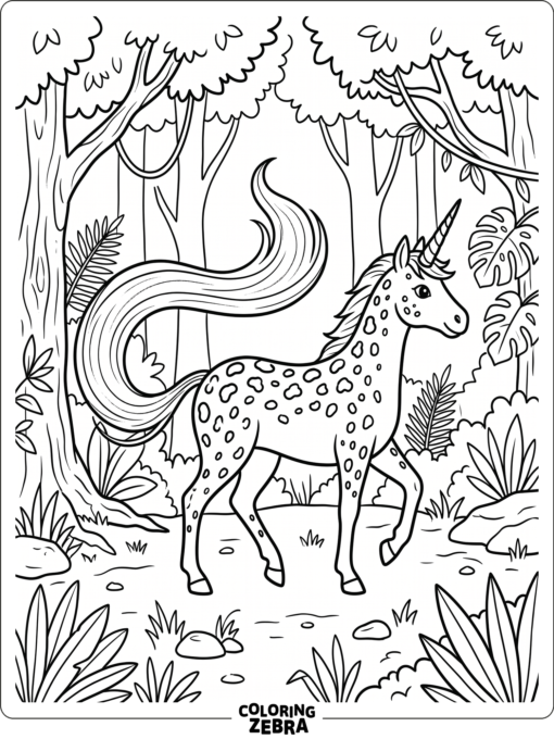 A unicorn with cheetah spots standing in a jungle clearing