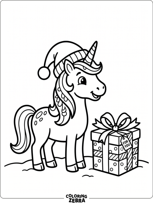A unicorn in a Santa hat beside a gift