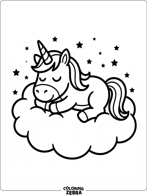 A unicorn resting on a fluffy cloud with stars