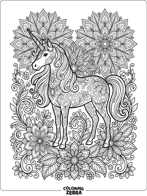 An ornate unicorn with mandala flowers and leaves