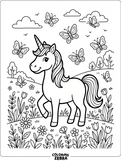 A friendly unicorn standing in a meadow with butterflies