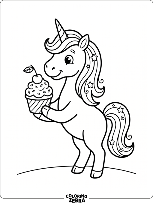 A unicorn holding a cupcake with a cherry