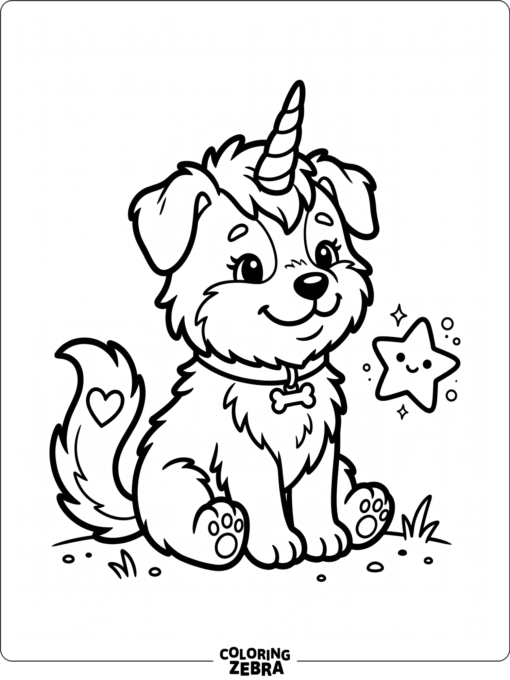 A playful dog with a unicorn horn and a tiny star