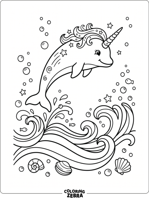 A unicorn dolphin leaping over waves