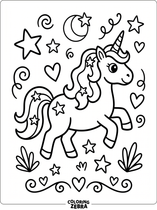 A whimsical unicorn doodle with stars, hearts, and swirls