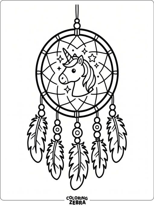 A unicorn dream catcher with feathers and beads