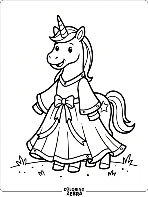 A unicorn wearing a flowing dress with ribbon trim