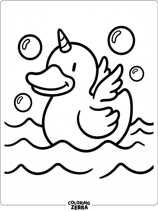 A unicorn duck floating on water with a tiny horn
