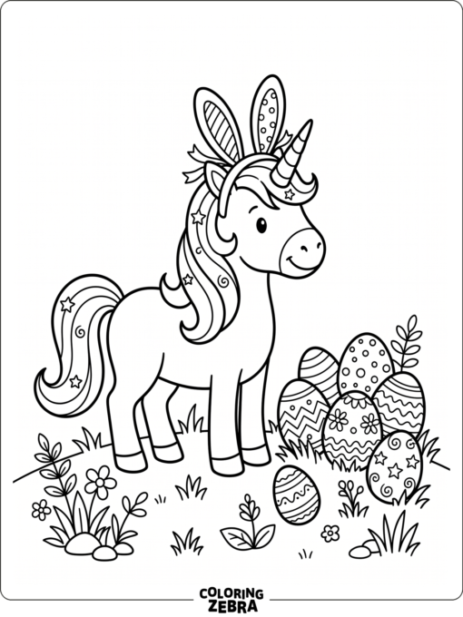 A unicorn in bunny ears next to decorated Easter eggs