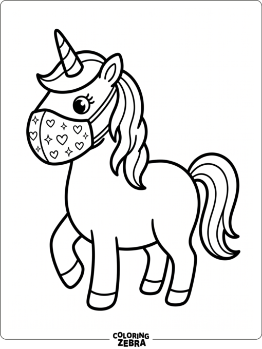A unicorn wearing a face mask with tiny hearts