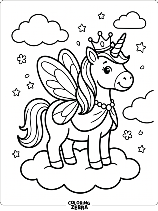 A unicorn princess with fairy wings and a crown