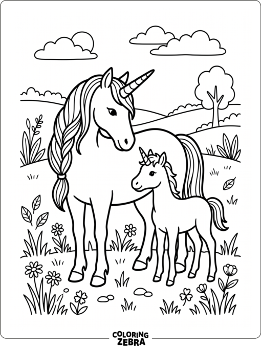 A unicorn family standing together in a meadow