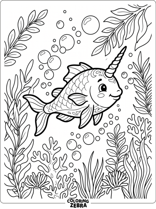 A unicorn fish swims among bubbles and sea plants
