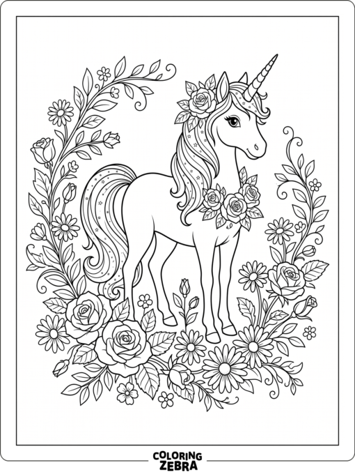 A unicorn surrounded by roses, daisies, and leafy vines