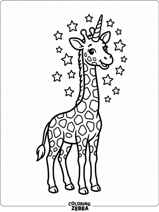 A giraffe with a unicorn horn and stars