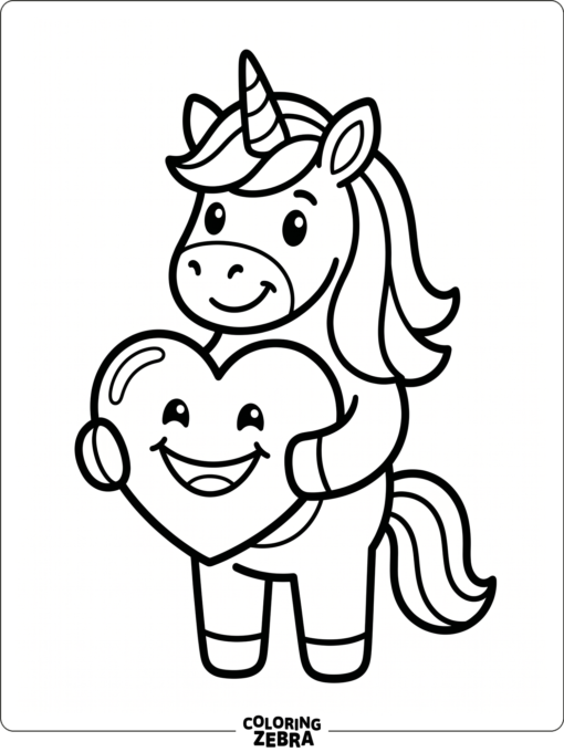 A unicorn holding a heart with a smiling face