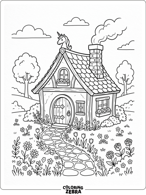 A unicorn house with a round door and flowers