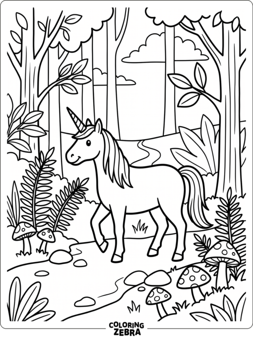 A unicorn walks through a forest with mushrooms