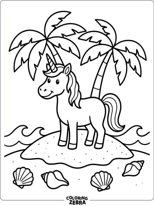 A unicorn stands on a small island with palm trees