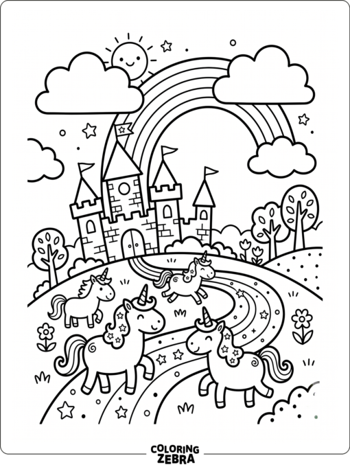 A magical unicorn village with castles and rainbows