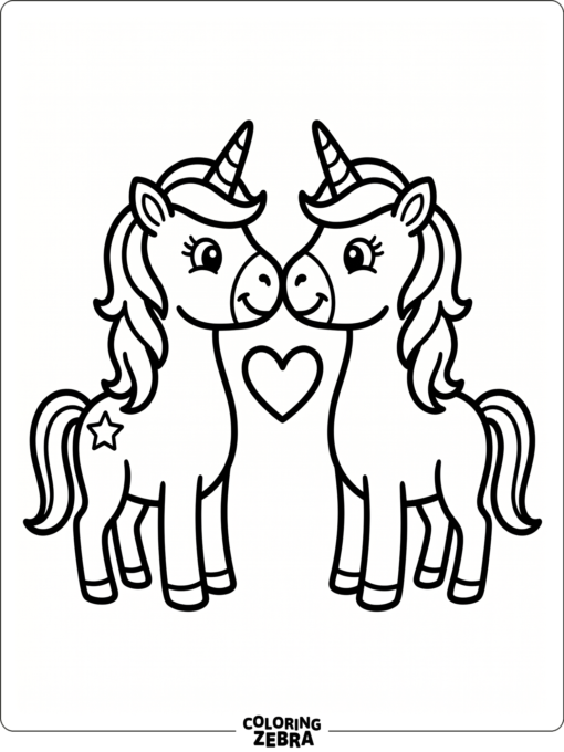 Two unicorns share a heart in a sweet pose
