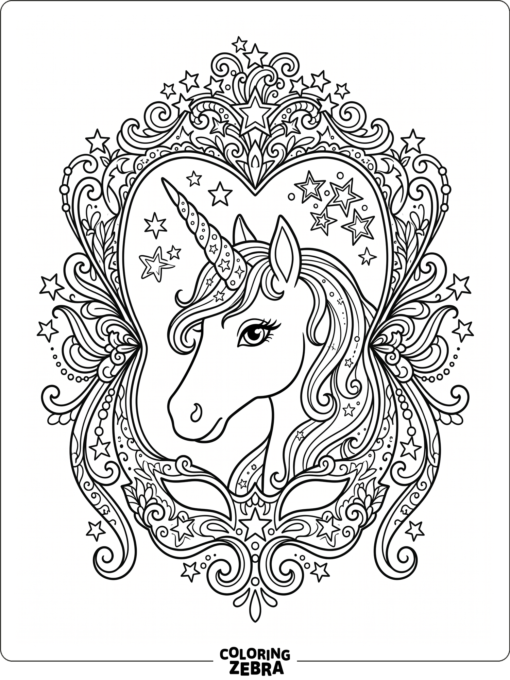 A unicorn face inside a decorative mask shape