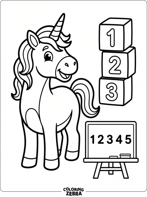 A unicorn stands beside numbers and counting blocks