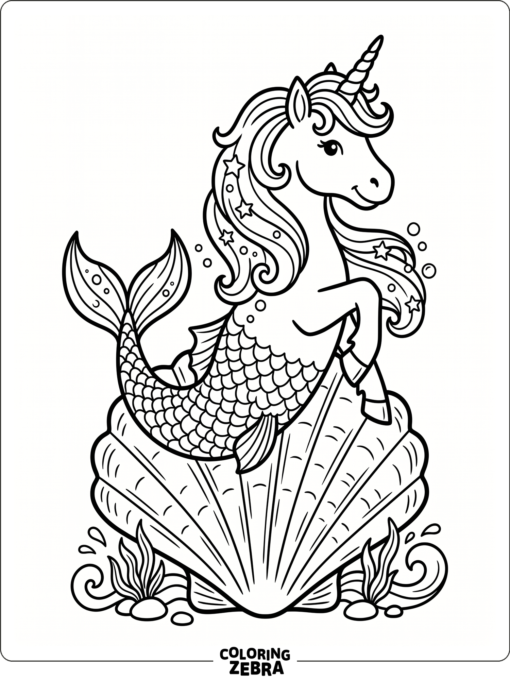 A mermaid with a unicorn horn and a flowing tail
