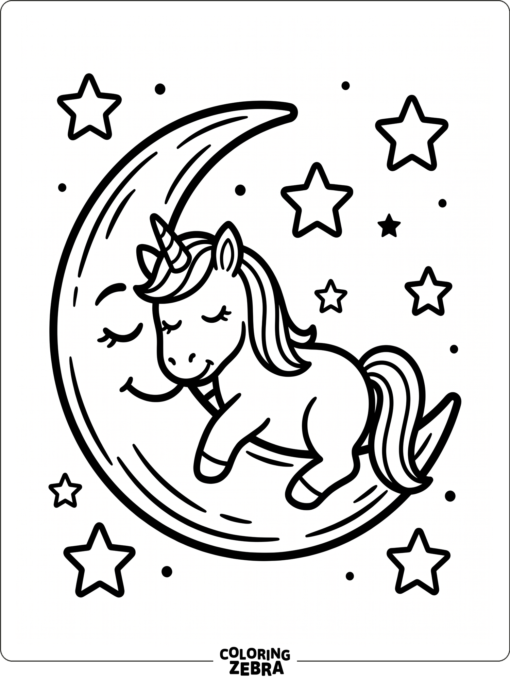 A unicorn rests on a crescent moon with stars
