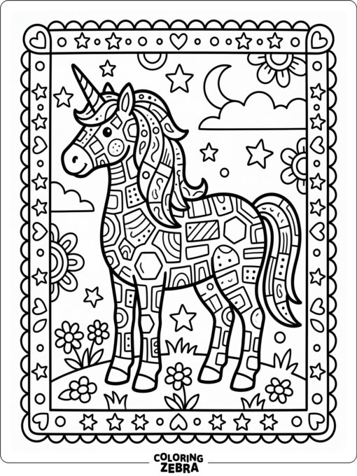 A unicorn filled with tiny mosaic tiles and a border frame