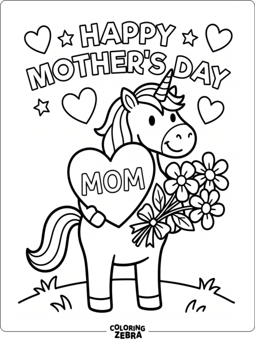 A unicorn holding flowers and a heart for Mother's Day