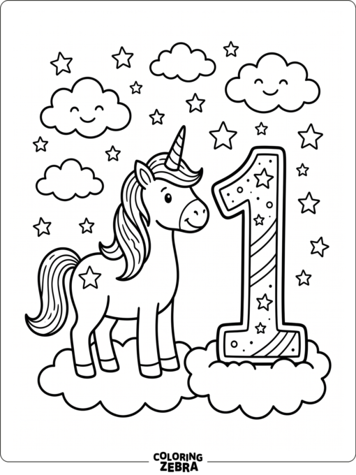 A unicorn next to the number one with stars
