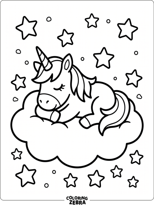 A unicorn resting on a cloud with stars nearby