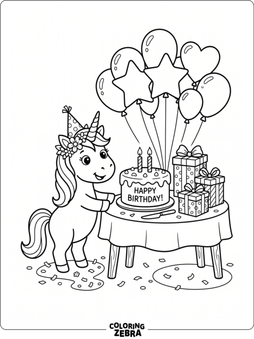A unicorn at a birthday table with balloons and gifts
