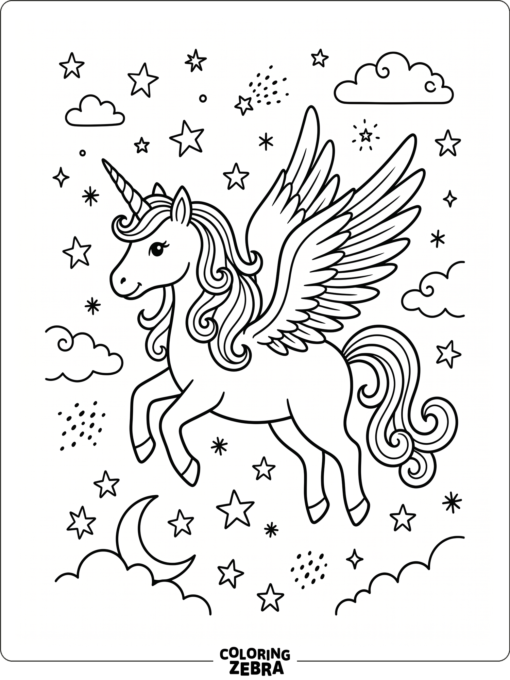 A unicorn with wings and a curly tail among stars