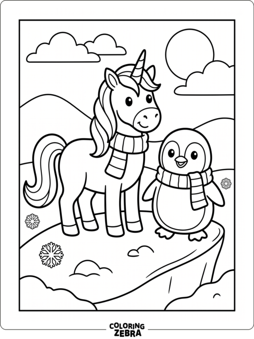 A unicorn and a penguin stand together on snow