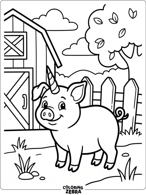 A unicorn pig standing in a barnyard with a curly tail