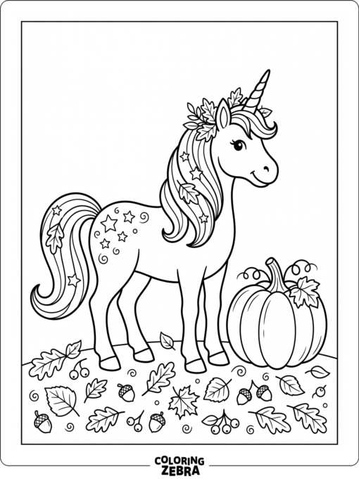 A unicorn beside a pumpkin and fall leaves