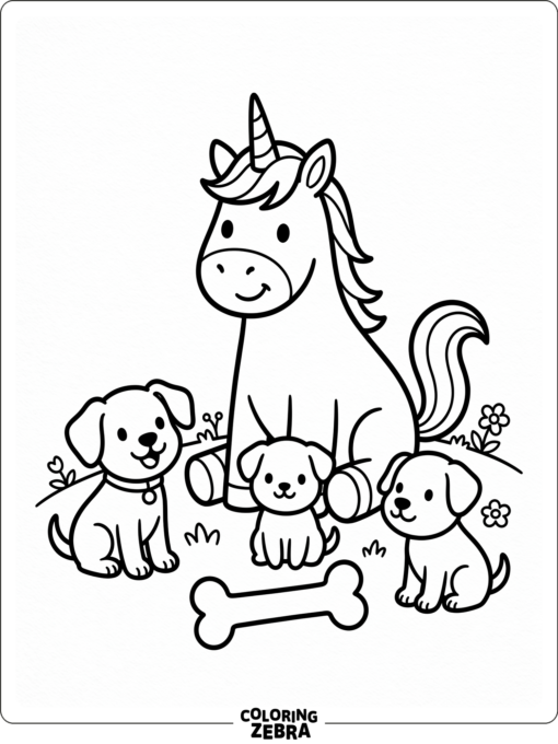 A unicorn sits with three playful puppies