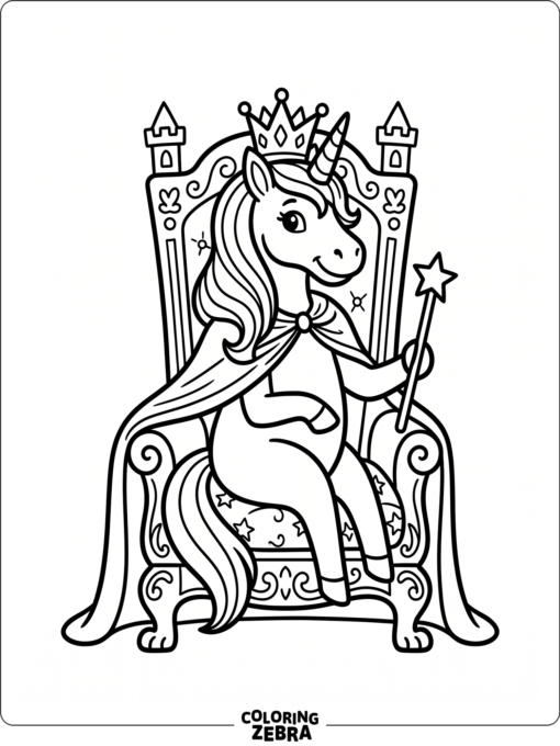 A unicorn queen sitting on a throne with a crown