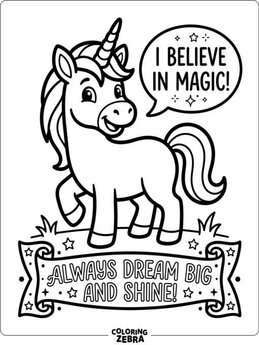 A unicorn with a speech bubble and quote banner