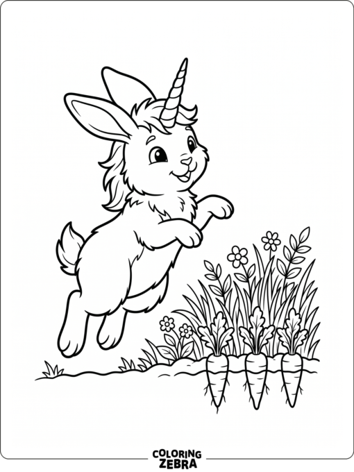 A unicorn rabbit hopping near carrots