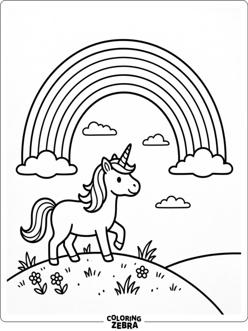 A unicorn under a rainbow on a hill