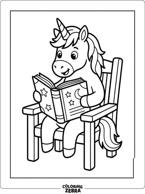 A unicorn sitting in a chair and reading a book